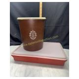 Brown tupperware canister and storage box