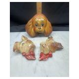 3 small vintage chalk ware dog head wall hangers
