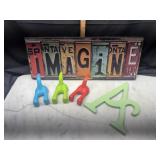 Imagine sign, letter A and dog wall hooks