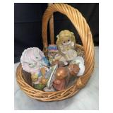 Basket with figurines, shakers and trinket box