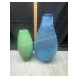 Green and blue art glass vases