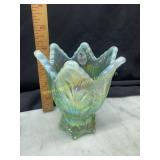 Fenton green iridescent tulip votive holder