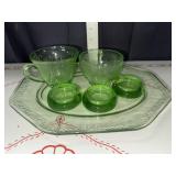 Vaseline glass platter, teacups and furniture