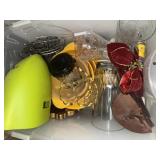 Tote of kitchen bowls, glassware and decor