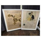 Framed shampoo and soap advertisements