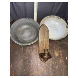 2 enamel ware bowls and wooden wall sconce