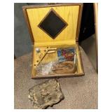 Vintage jewelry box with hair memento, beads,