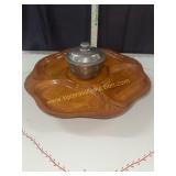 Vintage wood lazy Susan with pewter wilton bowl
