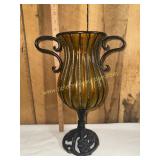 Hand blown caged glass amber and wrought iron