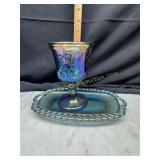Blue carnival goblet and dish