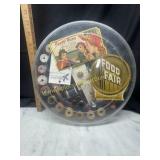 Round sewing tray of vintage items