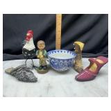 Blue and white teacup, miniature shoes, rooster