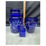 Cobalt jar, small flower pots and bottle