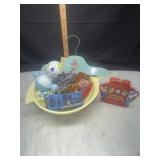 Vintage toys, kids items in bowl
