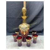 Vintage Italian ruby red decanter set with gold