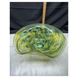 Green Hand blown art glass wave bowl with