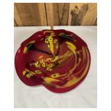 Large murano style art glass red bowl with yellow