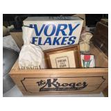 Kroger crate with vintage soaps, cross stitch and