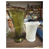 Milk glass creamer and green vase