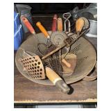 Vintage kitchen utensils in colander- strainer,