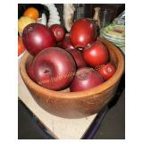 Wooden bowl and wood apples