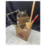 Vintage cookbooks, kitchen utensils in wooden
