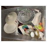 Tote of glass, dishes and decor