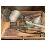 Vintage kitchen utensils- scoops, meat fork, wood
