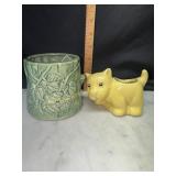 Vintage tree stump and cat pottery planters