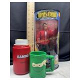 James dean doll and Rambo thermos and TMNT mug