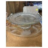 Tiara glass cake stand and etched platter