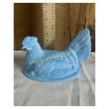 Vintage blue milk glass lid for hen on nest- top