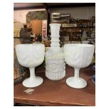 Milk glass decanter and 2 goblets