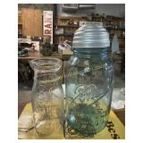 Blue fruit jar and milk bottle