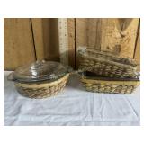 3 baking dishes with wicker basket holders