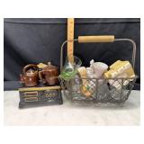 Salt and pepper shakers, basket of small vases,