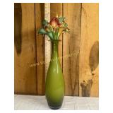 Green art glass vase and artificial lilies