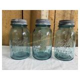 3 blue fruit jars with zinc lids