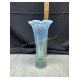 Fenton blue opalescent ribbed vase with scalloped
