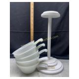 Milk glass soup bowls and paper towel holder