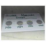 4 silver mercury dimes