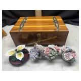 Small cedar box and porcelain flowers