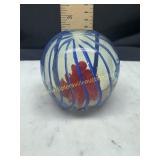 Blue canes red flowers art glass paperweight