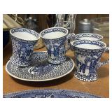 Vintage blue and white Chinese bird 4 cups and 1