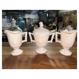 2 pink milk glass creamers and sugar bowl