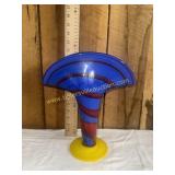 Blue and red art glass fan vase with yellow base