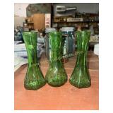 3 vintage green bud vases