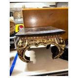 Ornate Wooden Display Stand with Gold Paint and Inlay Details