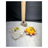 Set of 3 pincushions including ceramic hippo and needlepoint