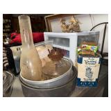 Oil lamp, wick, canning jar lids in vintage pans